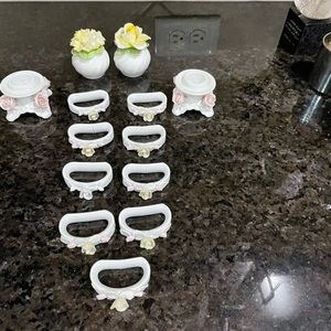 Salt & pepper shakers, 2 candle holders, 9 napkin rings